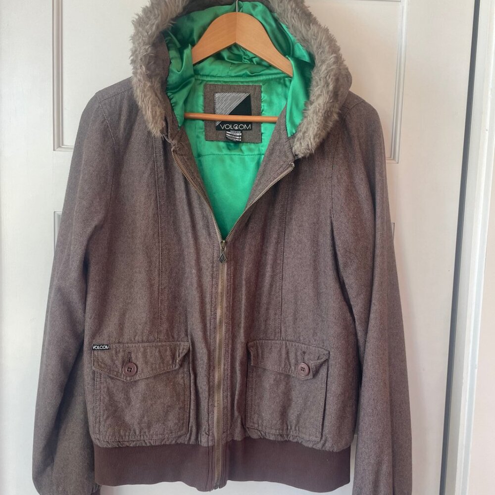 Volcom Women's Brown Dreamstate Bomber Hooded Jacket w Fur Trim